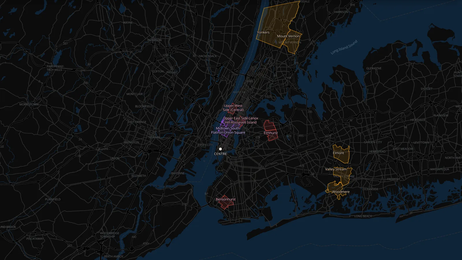 New York City with Yonkers, Mount Vernon and the towns around it in Takt