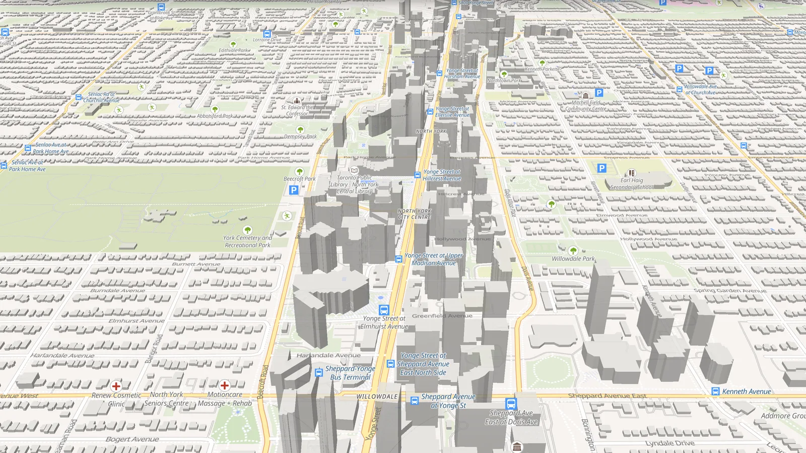 North York Centre's towers along Yonge Street in 3D in Takt