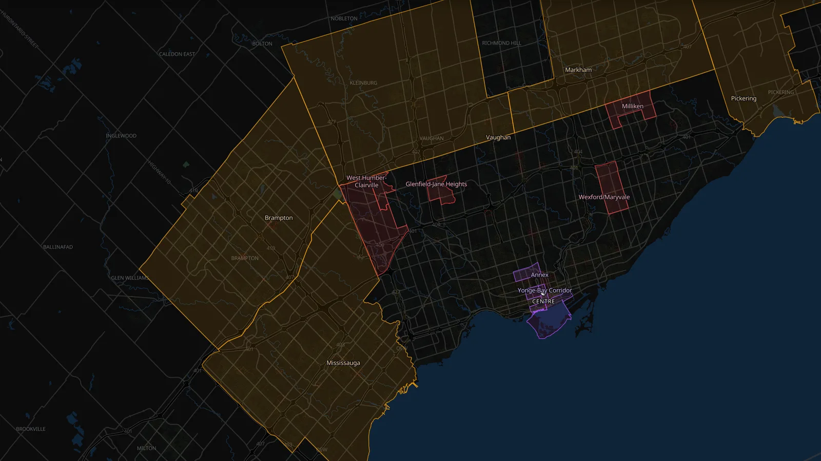 Toronto with Mississauga, Brampton, Vaughan and Markham around it in Takt