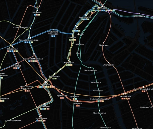 Amsterdam Network view with separate service colours, white stations and line badges